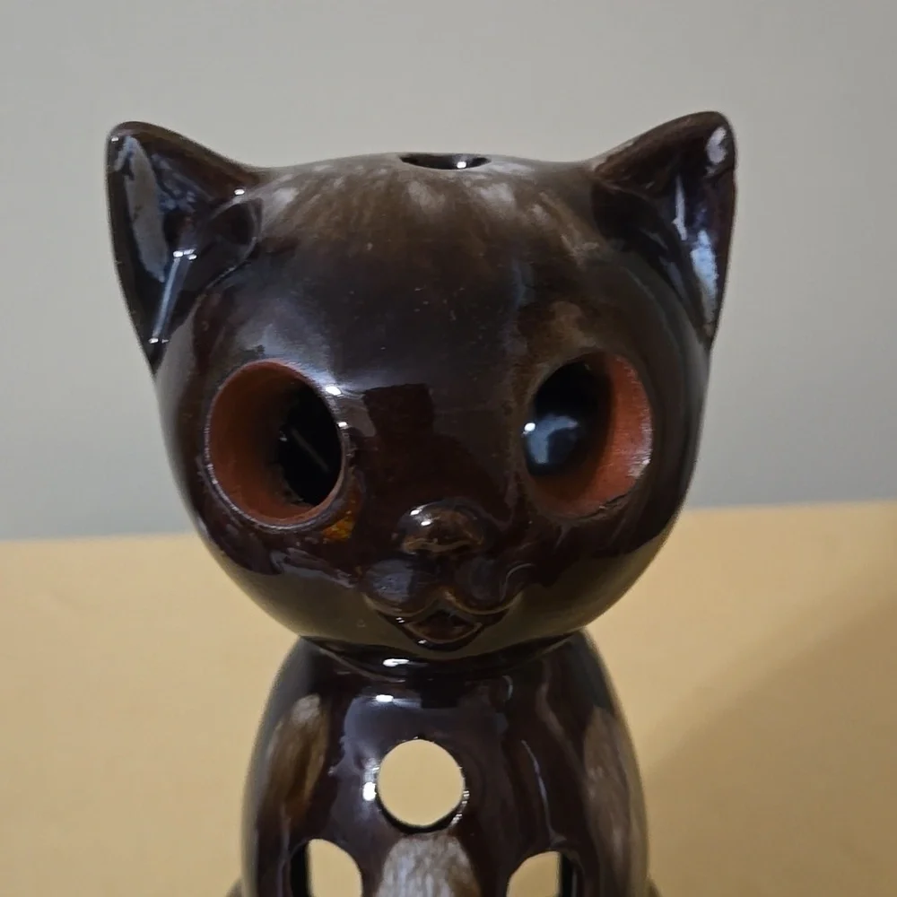 Ceramic Brown Cat Figurine Candleholder 7.5 Inches